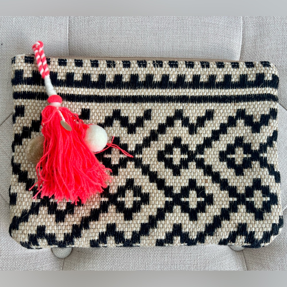 Woven Black & Cream Geometric Clutch with Neon Pink Tassel
